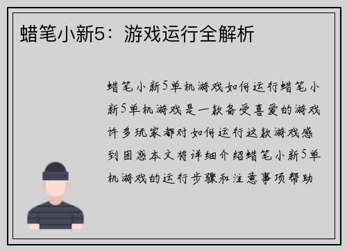 蜡笔小新5：游戏运行全解析
